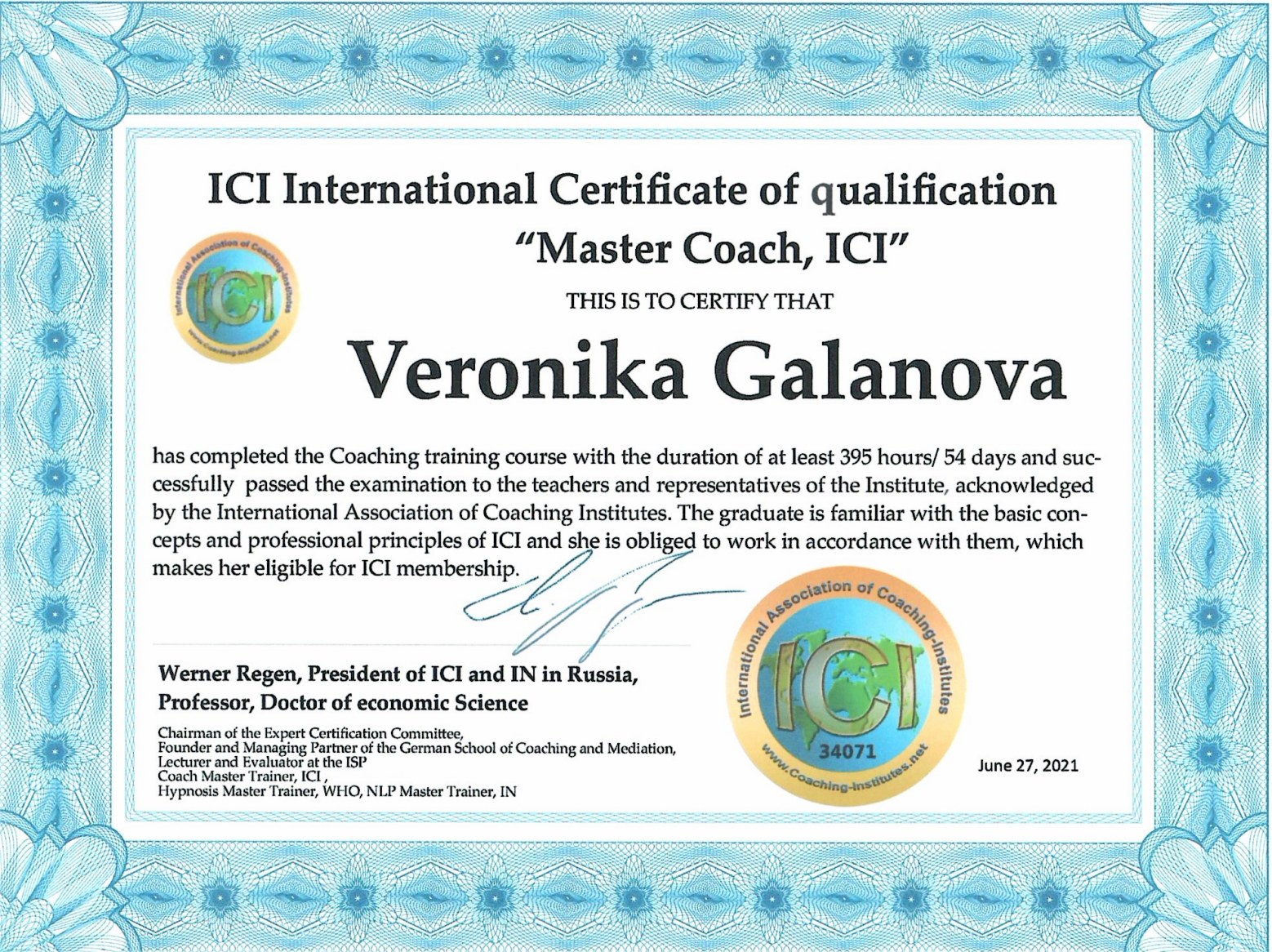 Сертификат Master coach ICI